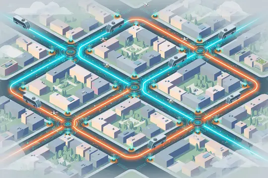 3D-рендер футуристического города с умными дорогами и беспилотными автомобилями