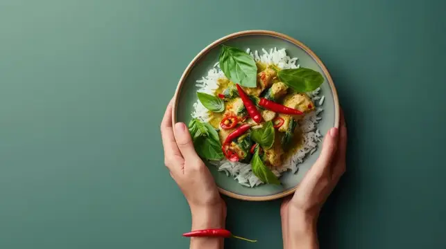 Руки держат тарелку с рисом, курицей и перцем чили