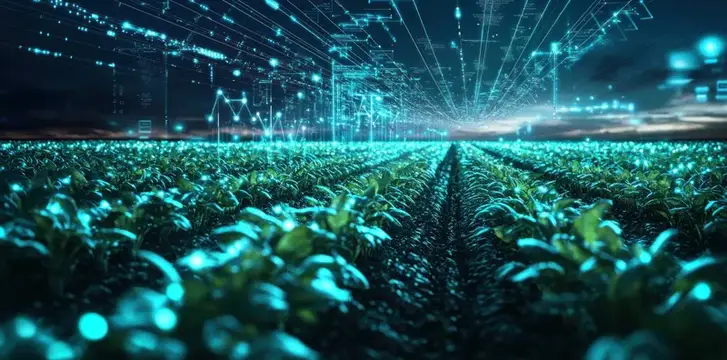 3D-рендер поля с цифровыми данными и светящимися растениями