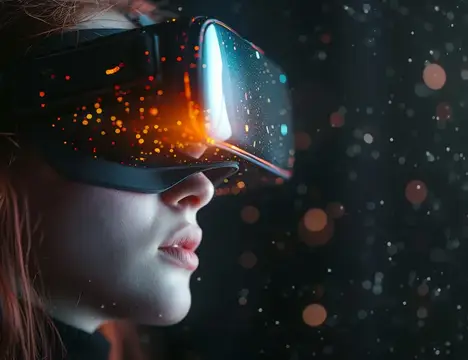 Женщина в шлеме виртуальной реальности исследует звездное ночное небо, погружаясь в захватывающий опыт