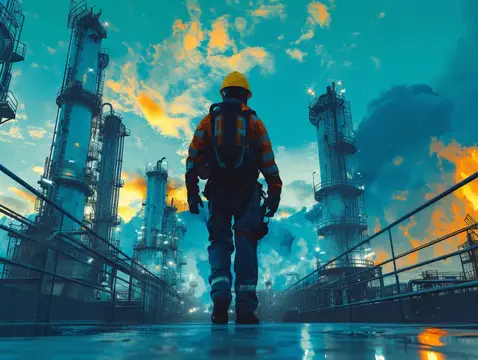 Рабочий в каске идёт по территории нефтеперерабатывающего завода на закате