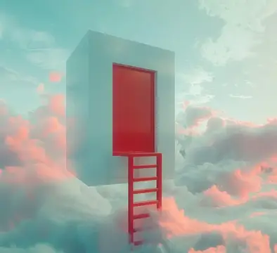 3D-рендер красной двери с лестницей в облаках