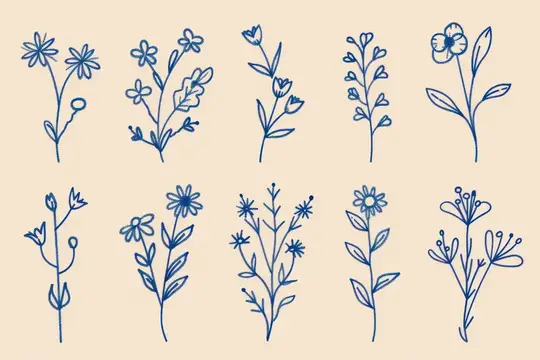 Коллекция из десяти простых, элегантных цветочных каракулей синего цвета на светло-бежевом фоне, идеально подходящая для декоративного использования в различных творческих проектах
