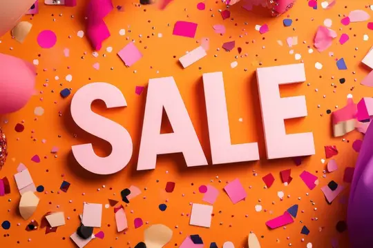Розовые буквы SALE на оранжевом фоне с конфетти