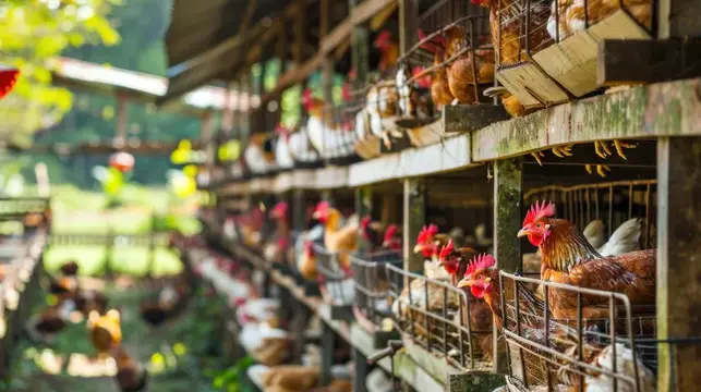 Яркая фермерская сцена с курами в клетках, демонстрирующая деревенскую жизнь и птицеводство при естественном освещении