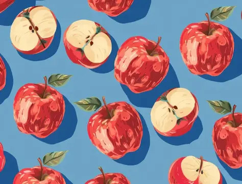 Иллюстрация с красными яблоками и половинками на синем фоне