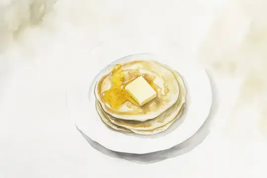 Побалуйте себя этими вкусными блинами с маслом и сиропом на белой тарелке, создающими теплую завтрачную атмосферу, идеально подходит для фуд-фотографии и сезонных рецептов