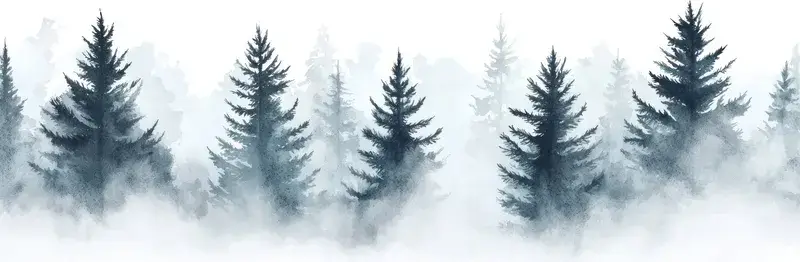 Акварельный зимний лес с елями в тумане