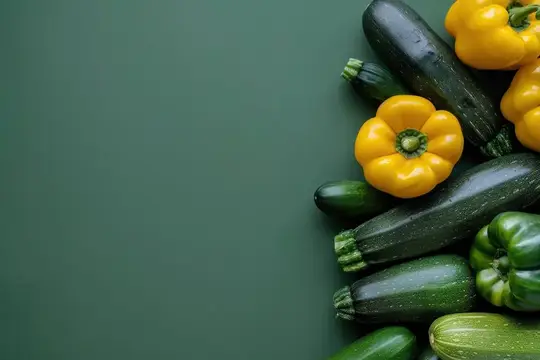 Яркая композиция из свежих зеленых цукини и желтого болгарского перца на темно-зеленом фоне, пропагандирующая идеи здорового питания и приготовления пищи