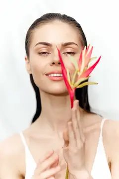 Радостная молодая женщина, держащая яркий цветок, излучающая красоту и спокойствие