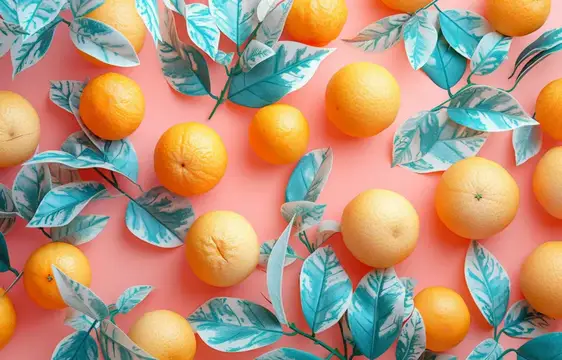 Апельсины и бирюзовые листья на розовом фоне