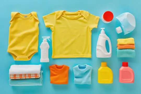 Композиция в стиле flat lay из желтой детской одежды, бутылочек с моющим средством и сложенных полотенец на ярко-голубой поверхности