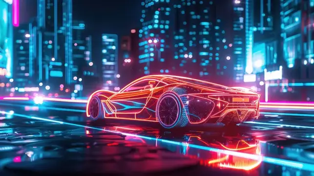 3D-рендер неонового спорткара на ночной улице футуристического города