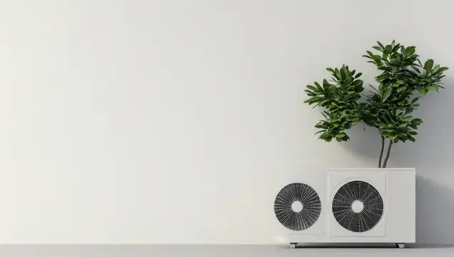 3D-рендер наружного блока кондиционера с зелёным растением на белой стене