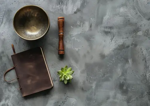 Поющие чаши, блокнот и суккулент на сером бетонном фоне