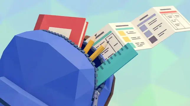 Крупный план в стиле low-poly рюкзака, блокнота, карандашей и школьных принадлежностей для рекламных акций к началу учебного года