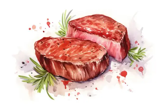 Акварельная иллюстрация двух кусков мяса с розмарином