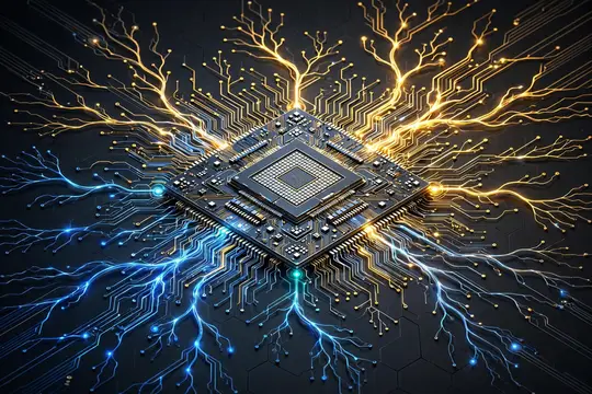 3D-рендер микросхемы с золотыми и синими энергетическими ветвями