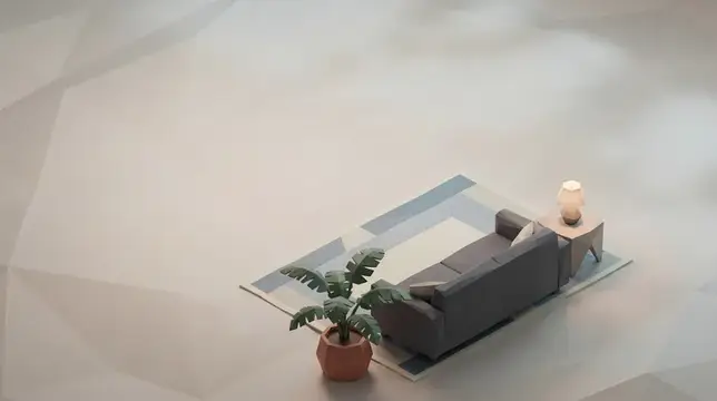 Вид сверху на интерьер комнаты в стиле low-poly с мебелью, растениями и чётким открытым пространством для дизайнерских презентаций, недвижимости или домашнего стиля