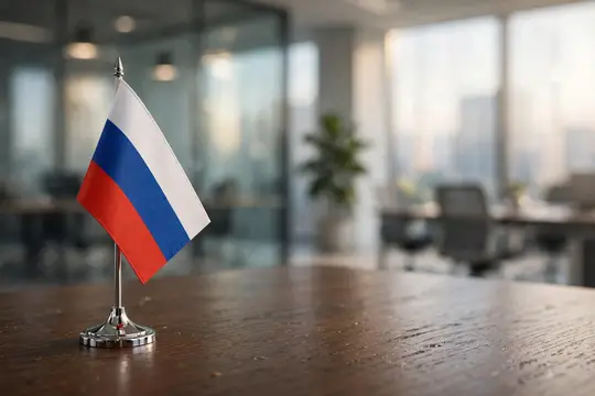 Флаг России на столе в светлом офисе