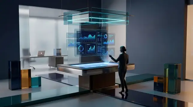 Центрированная 3D-сцена бизнес-панели с диаграммами, отчетами и планировщиком в премиальном современном офисном окружении для стратегии и принятия решений