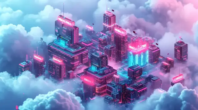 3D-рендер футуристического города с неоновой подсветкой в облаках