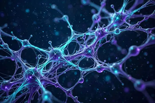3D-рендер светящейся сети нейронов в синих и фиолетовых тонах