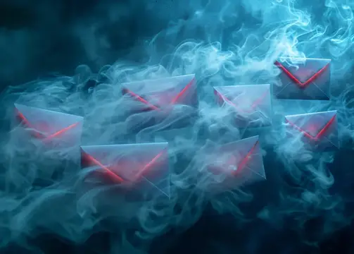 3D-рендер парящих писем с красными печатями в синем дыму