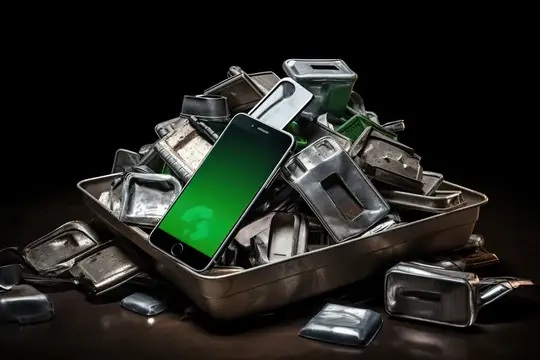 Смартфон с зеленым экраном лежит на куче металлолома