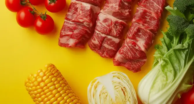 Сырая говядина с овощами и кукурузой на жёлтом фоне