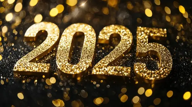 Золотые цифры 2025 на фоне блестящего конфетти