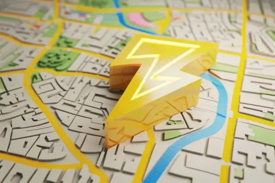 3D-иллюстрация жёлтой молнии над картой города