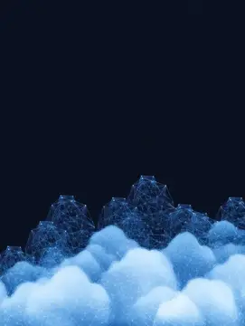 3D-рендер синих кристаллических гор над облаками на тёмном фоне