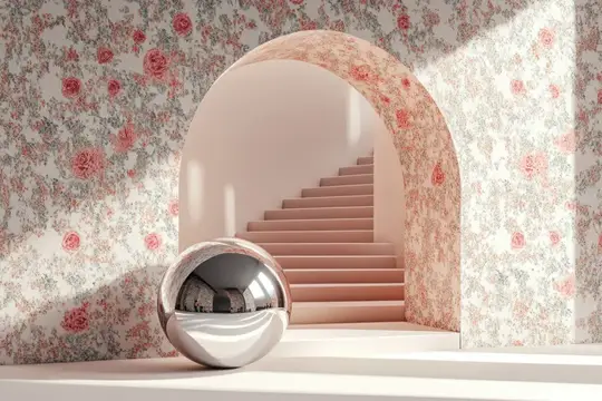 3D-рендер с зеркальным шаром у арки с цветочными обоями