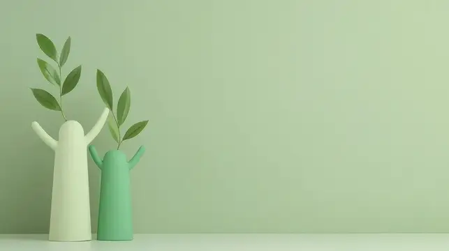 3D-рендер двух ваз с веточками на зелёном фоне