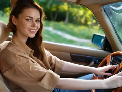 Улыбающаяся девушка за рулём автомобиля летом
