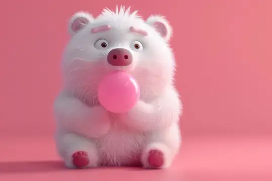 Белый медведь с розовым мячом в пасти, 3D-иллюстрация, стоящая в заснеженном пейзаже