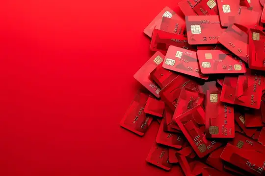 Красные банковские карты рассыпаны на ярко-красном фоне