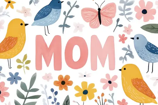 Иллюстрация с надписью MOM, птицами и цветами