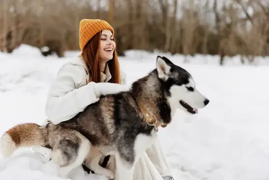 Женщина на улице в поле зимой гуляет с собакой, зимние каникулы