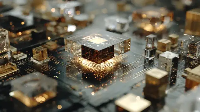 3D-рендер футуристического золотого микрочипа на плате