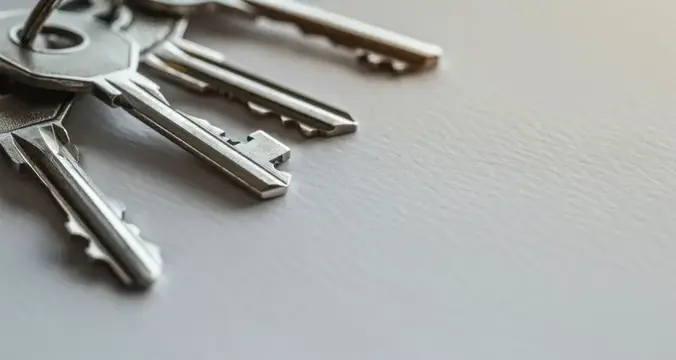 На изображении несколько металлических ключей, собранных вместе и лежащих на нейтральном текстурированном фоне, что подчеркивает их дизайн и функцию