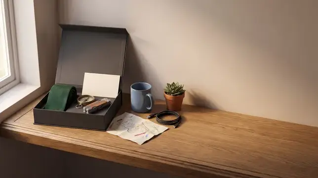 Реалистичная 3D-сцена подарка ко Дню отца: открытая коробка, галстук, компас, мультитул, кружка и пустая открытка на теплой деревянной полке с чистым свободным пространством