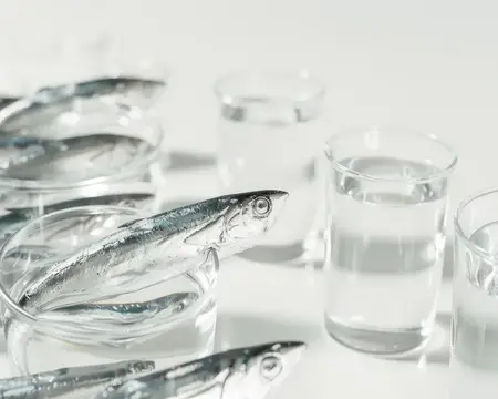 Мелкая рыба в стаканах с водой на светлом столе