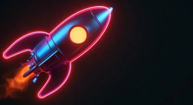 Футуристическая ракета с неоновой подсветкой, олицетворяющая освоение космоса, изображена на черном фоне, подчеркивающем ее динамичный взлет и современный дизайн