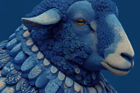 3D-рендер синего барана с узорчатой шерстью крупным планом