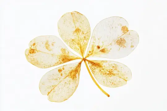 Прозрачный гербарий из пятилистного клевера на белом фоне
