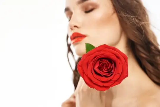 Красная роза у лица брюнетки с алыми губами на белом фоне