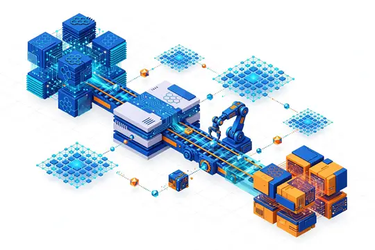 3D-иллюстрация автоматизированной линии обработки данных с роботом