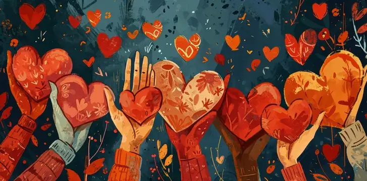 Иллюстрация с поднятыми руками, держащими красные и оранжевые сердца на тёмном фоне